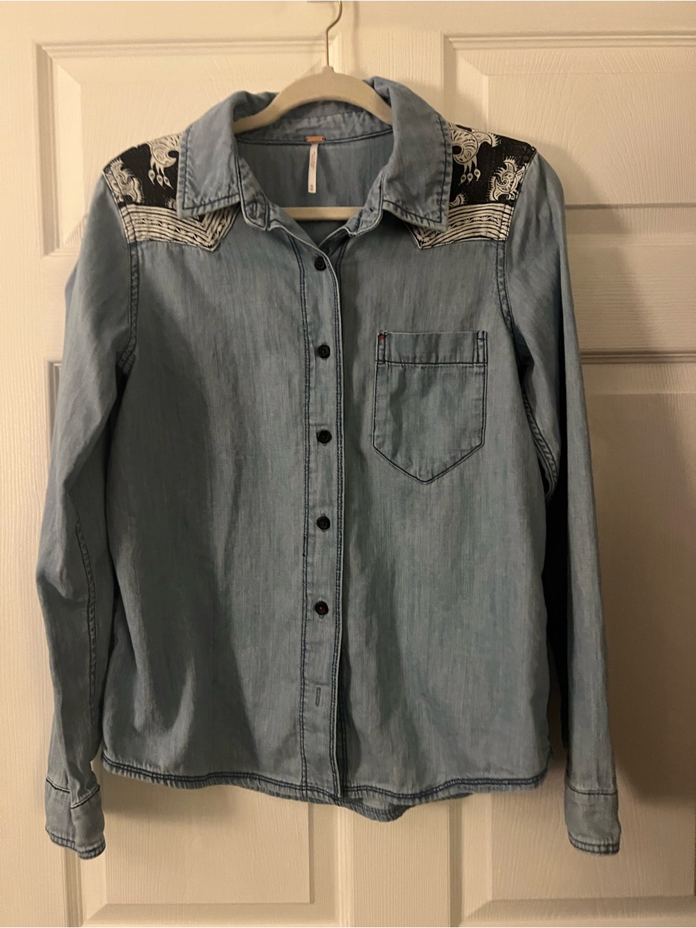 We The Free Light Wash Denim Shirt with Black Embroidered Yoke